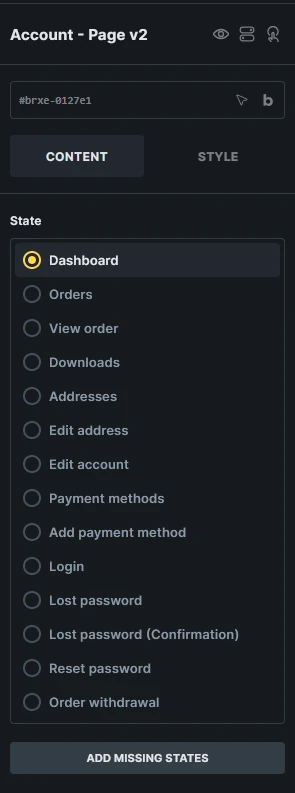 Account Page v2 State controls, including Order withdrawal and the Add missing states button.