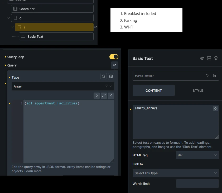 Bricks Structure and Array query settings for rendering ACF Checkbox selections as an ordered list.
