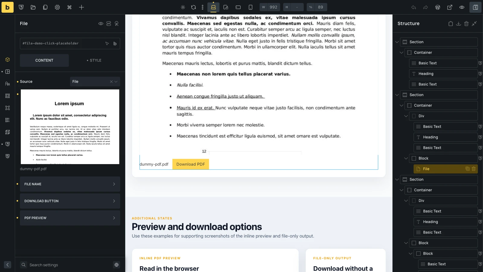 File element selected in the Bricks builder with the Source control and the File name, Download button, and PDF preview groups visible.