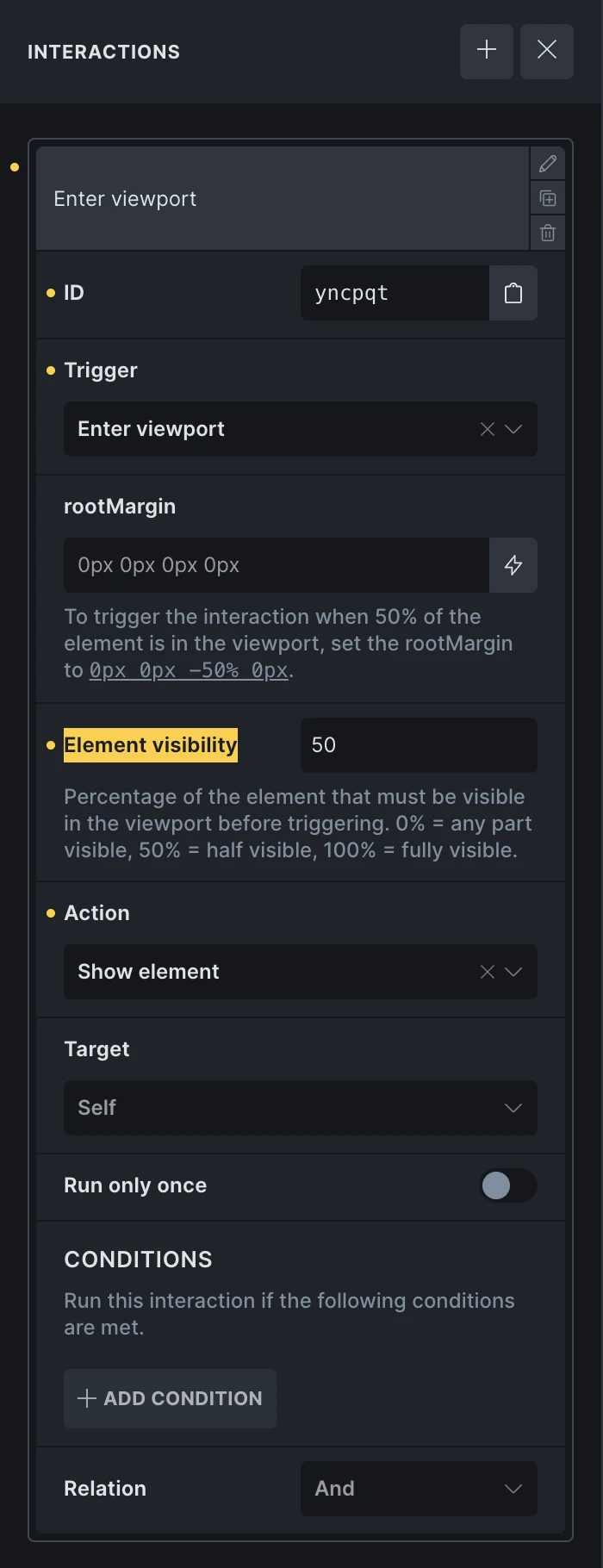 Enter viewport interaction with Element visibility set to 50% and the Root margin field visible.
