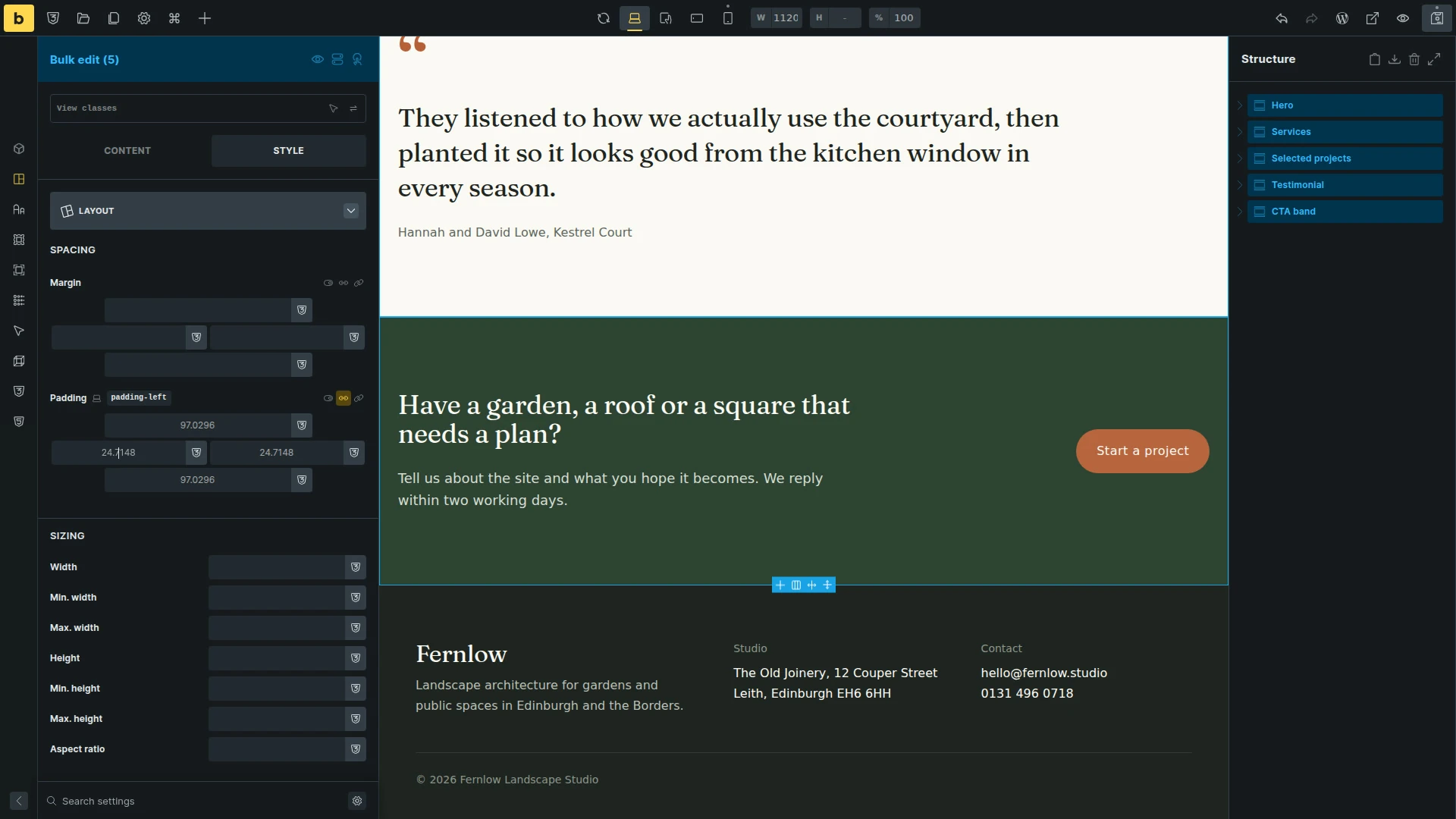 Bulk edit of five selected sections in the Builder: the cleared Padding fields show the inherited theme style values as placeholders.