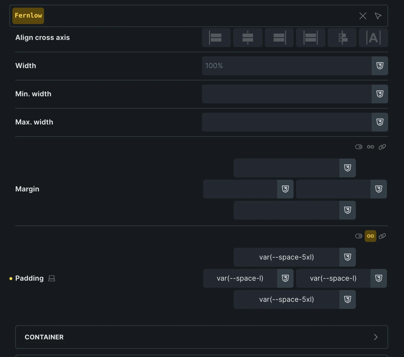 Theme style Section settings: the Padding control with var(--space-5xl) on top and bottom and var(--space-l) on the left and right, opposites linked.