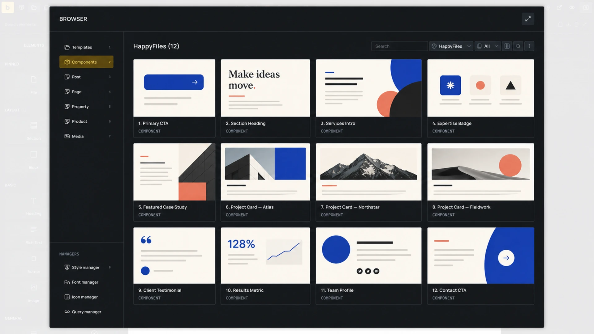 A HappyFiles remote component library open in the Bricks Builder Browser