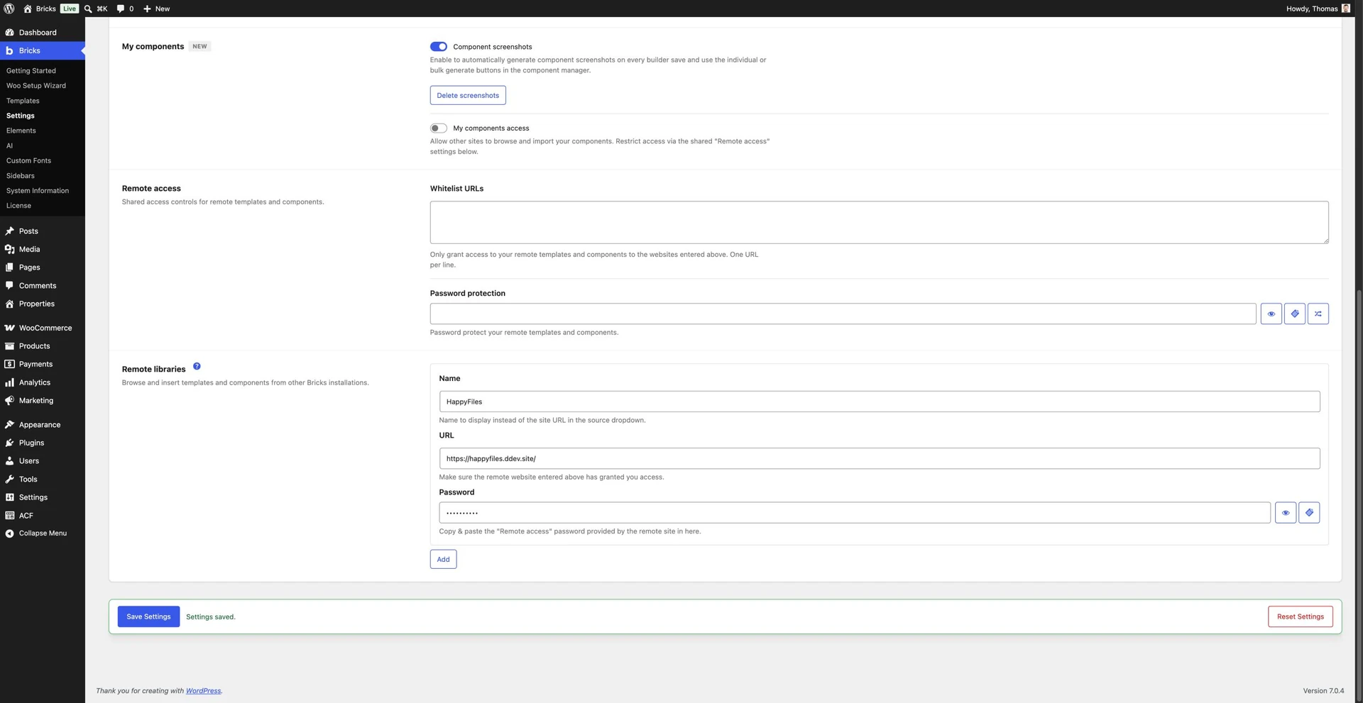 A configured HappyFiles remote library on the destination Bricks site