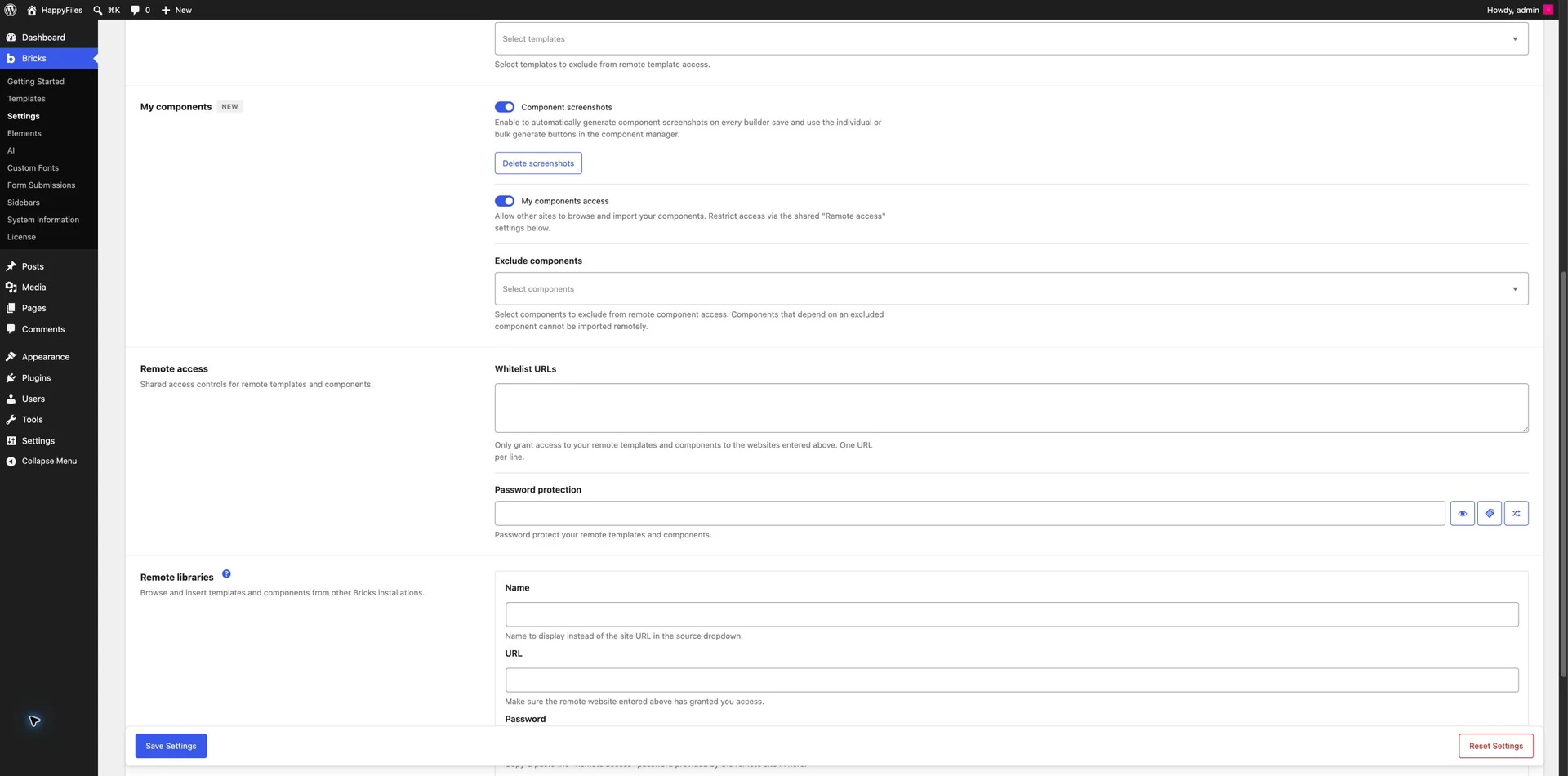 Remote component access and shared remote access settings in Bricks