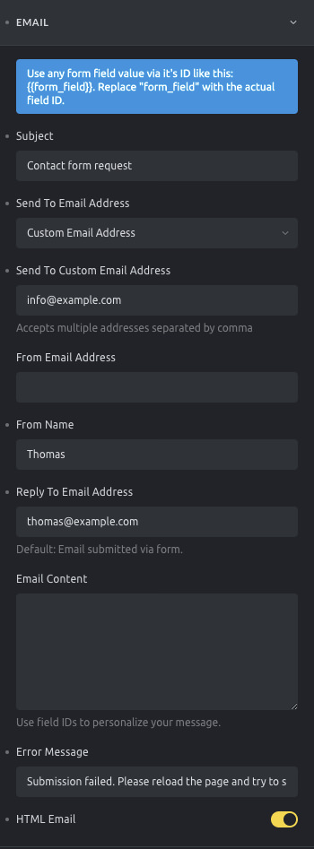 Bricks Form element - email action settings